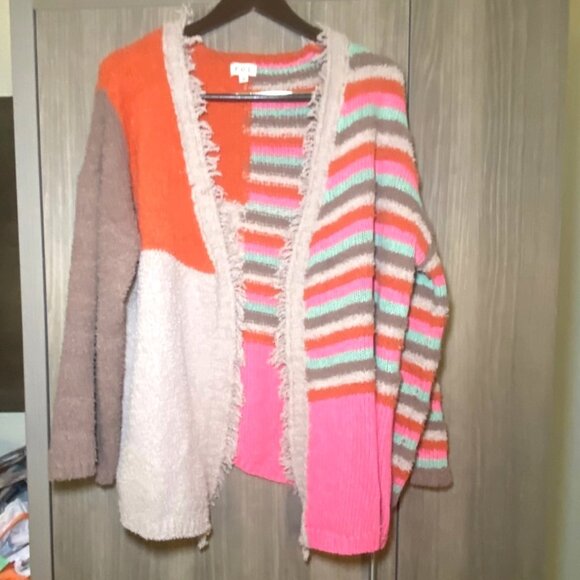 POL Colorblock Striped Womens Oversize Fringe Cardigan Sweater Festival Indie - Picture 1 of 5